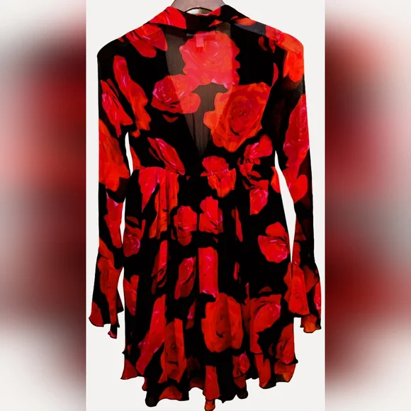 Urban Outfitter Kiki Tie-Front Roses Mini Dress Long Bell Sleeve Cutout Coquette - Picture 6 of 14